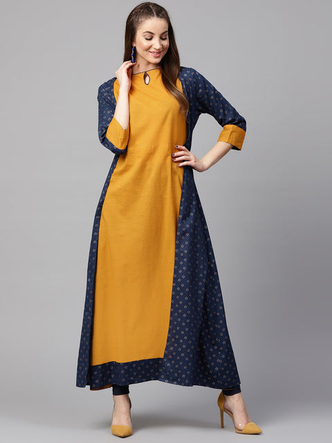Yellow 3/4th sleeve cotton kurta with printed front open jacket kurta