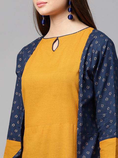 Yellow 3/4th sleeve cotton kurta with printed front open jacket kurta