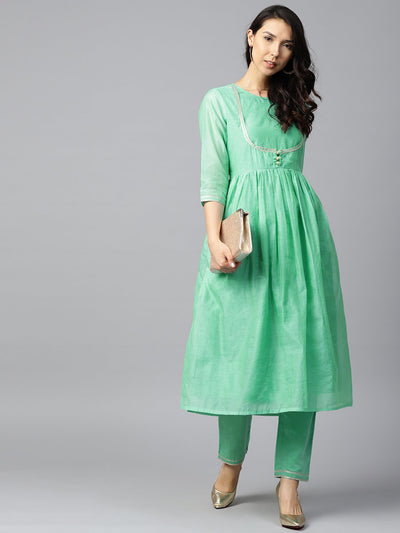 Green 3/4th sleeve Chandari Anarkali kurta with ankle length plazzo