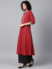 Red printed 3/4th sleeve cotton A-line kurta with black printed kurta