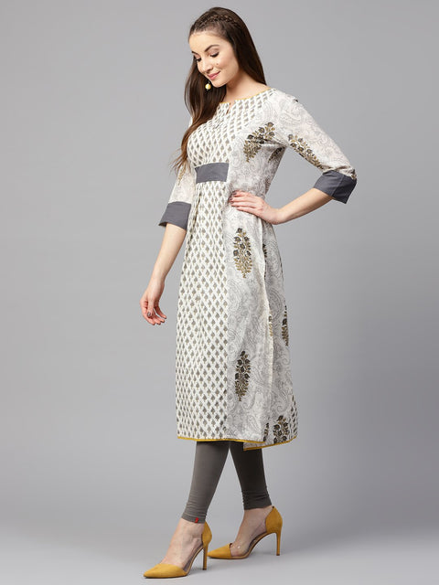 Off white printed half sleeve cotton A-line kurta