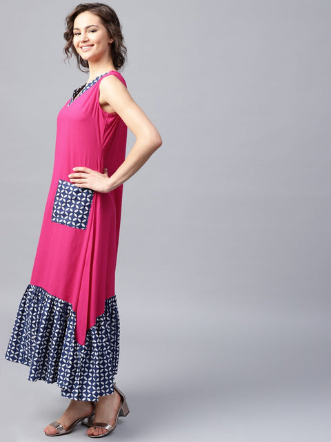 Pink manipuri printed sleeveless cotton dress