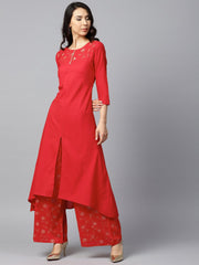 Red yoke printed 3/4th sleeve cotton kurta with printed ankle length palazzo