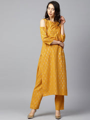 Yellow printed 3/4th sleeve cold shoulder cotton kurta with yellow printed palazzo