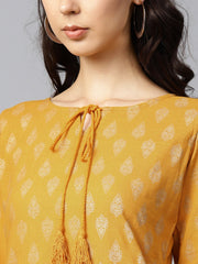 Yellow printed 3/4th sleeve cold shoulder cotton kurta with yellow printed palazzo