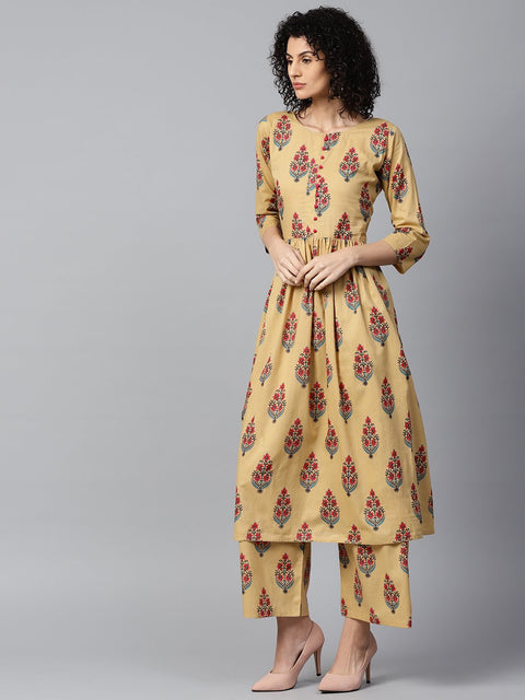 Yellow printed 3/4th sleeve cotton Anarkali kurta with printed palazzo