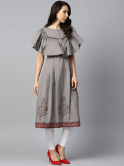 Dark grey block printed sleeveless poncho style cotton A-line kurta