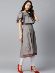 Dark grey block printed sleeveless poncho style cotton A-line kurta