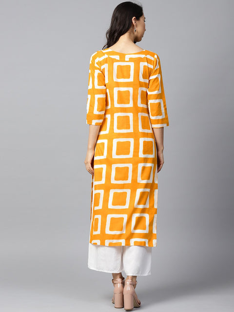 Yellow printed 3/4th sleeve cotton straight kurta