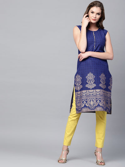 Blue printed sleeveless cotton kurta