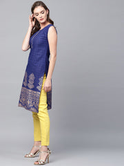 Blue printed sleeveless cotton kurta