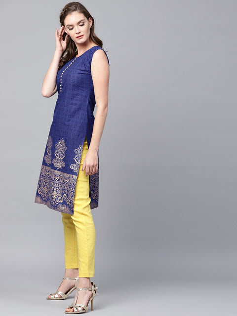 Blue printed sleeveless cotton kurta