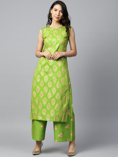Green printed sleeveless cotton kurta with green printed palazzo
