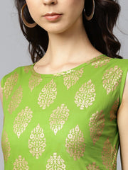 Green printed sleeveless cotton kurta with green printed palazzo
