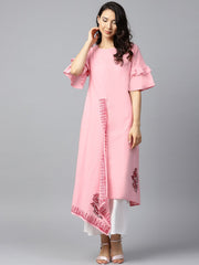 Pink block printed half umbrella sleeve cotton A-line kurta