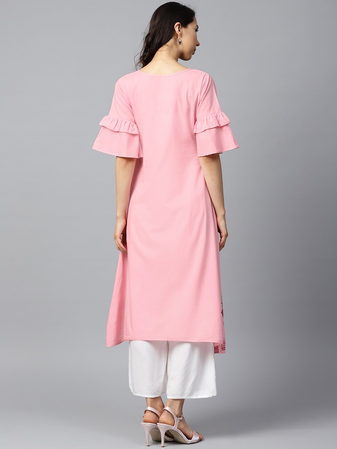 Pink block printed half umbrella sleeve cotton A line kurta Nayo Clothing