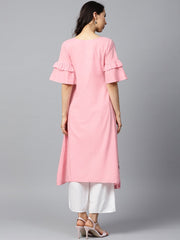 Pink block printed half umbrella sleeve cotton A-line kurta