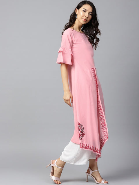 Pink block printed half umbrella sleeve cotton A-line kurta