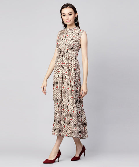 Beige printed sleeveless cotton maxi dress