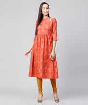 Red printed 3/4th sleeve cotton Anarkali kurta