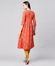 Red printed 3/4th sleeve cotton Anarkali kurta