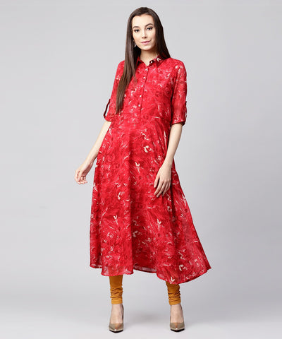Red 3/4th sleeve silk baleno printed anarkali kurta