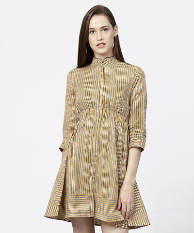 Yellow 3/4th sleeve striped cotton dress