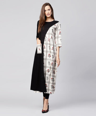 Off White & Black printed cotton 3/4th sleeve A-line kurta with pocket at front