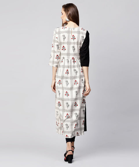 Off White & Black printed cotton 3/4th sleeve A-line kurta with pocket at front