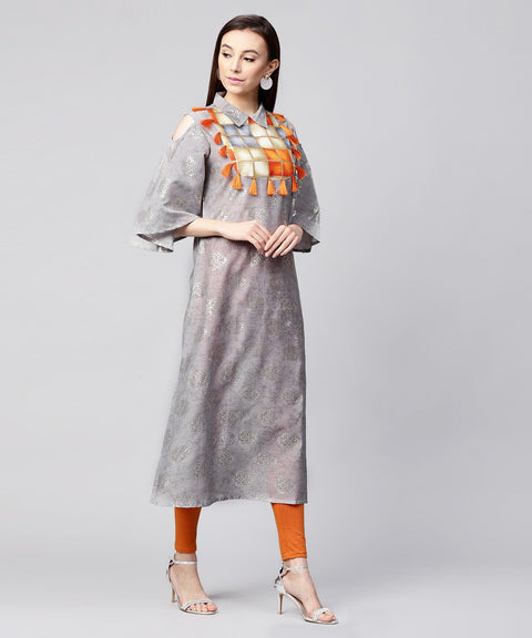 Grey foil printed 3/4th Circle cold shoulder sleeve cotton kurta with tussel work at yoke