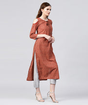 Red printed 3/4th sleeve cold shoulder cotton assymetric kurta with dori work at yoke