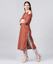 Red printed 3/4th sleeve cold shoulder cotton assymetric kurta with dori work at yoke