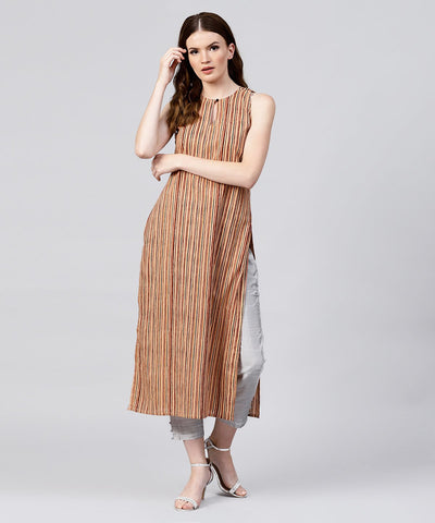 Beige striped sleeveless cotton long kurta