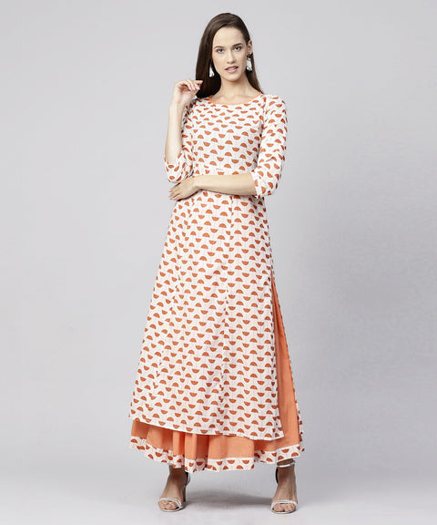 Off white printed 3/4th sleeve cotton kurta with Ankle length flared skirt