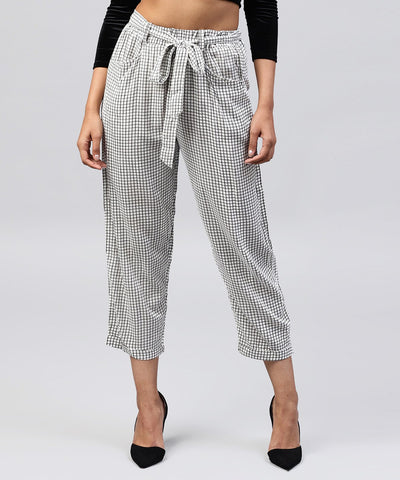 White & Black small checked cotton ankle length trouser