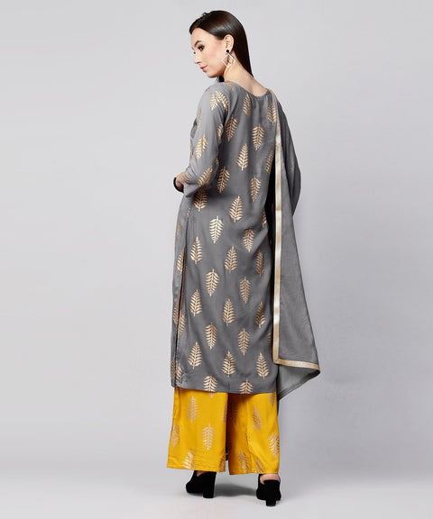 Grey printed 3/4th sleeve cotton kurta with yellow printed pallazo and grey dupatta