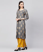 Grey printed 3/4th sleeve cotton kurta with yellow printed pallazo and grey dupatta