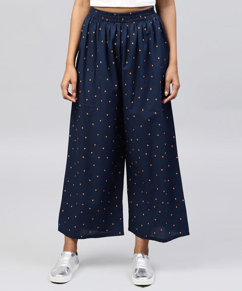 Navy blue printed cotton ankle length pallazo