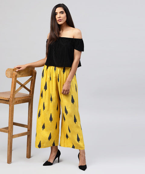 Yellow printed ankle length cotton straight pallazo