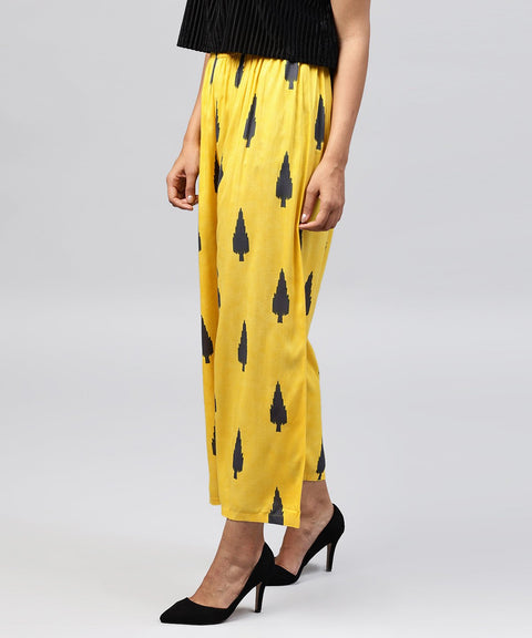 Yellow printed ankle length cotton straight pallazo