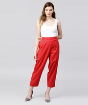 Solid red ankle length cotton regular fit trouser