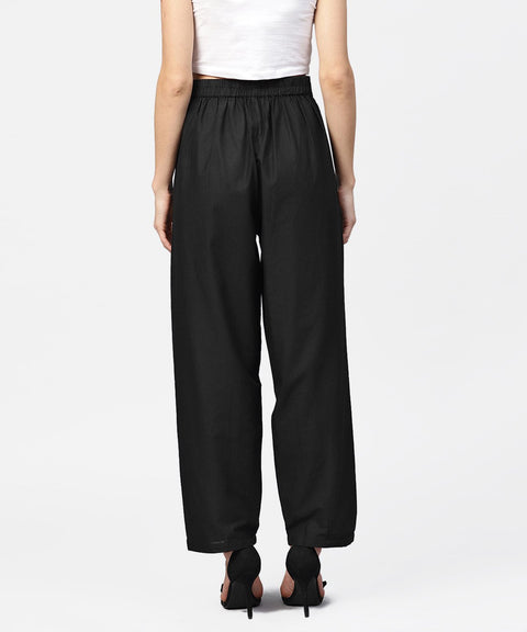 Solid Black ankle length cotton regular fit trouser