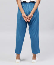 Solid blue ankle length cotton regular fit trouser
