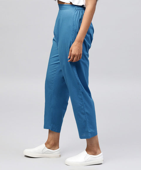 Solid blue ankle length cotton regular fit trouser