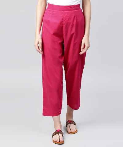 Solid Pink ankle length cotton regular fit trouser