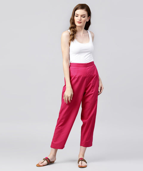 Solid Pink ankle length cotton regular fit trouser