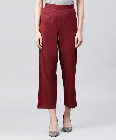 Solid maroon ankle length cotton regular fit trouser
