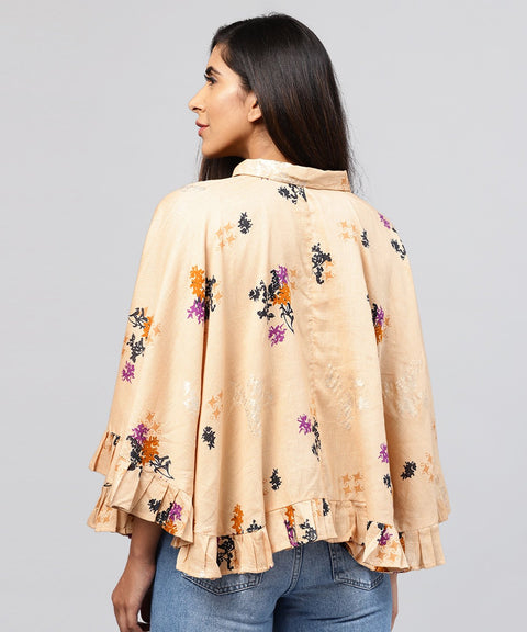 Yellow front open banglori printed poncho tops