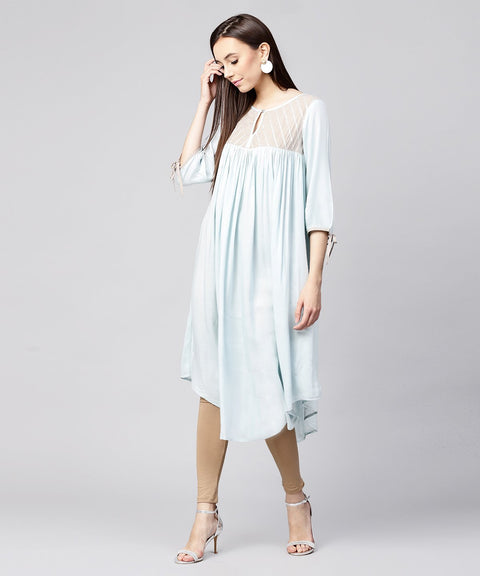 Blue 3/4th sleeve Rayon low high A-line kurta