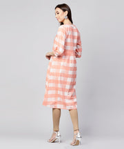 Peach checked 3/4th sleeve cotton front open A-line kurta